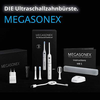 Megasonex nutzt die Kombination aus Ultraschall und zusätzlichen Schallvibrationen, um Plaque und Bakterien zu lösen und zu entfernen
