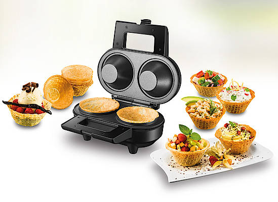 Waffelbecher aus süßem, herzhaften oder glutenfreien Teig lassen sich im Unold Waffelautomat Bowl im Handumdrehen herstellen