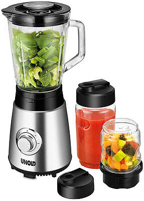 Beim Sport oder im Büro - die Vitamine sind immer dabei: Der Standmixer Smoothie to go von Unold hat dafür extra 2 Kunststoff-Flaschen im Lieferumfang