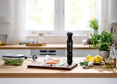 Das neue ErgoMixx Vakuum-Frischhaltesystem von Bosch verwandelt jeden Bosch ErgoMixx Stabmixer mit nur einem Klick in ein leistungsstarkes Vakuumiersystem
