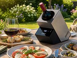 Mit dem akkubetriebenen Design Flaschenkühler WineCase Deluxe Inox bleibt der vorgekühlte Wein konstant auf der gewünschten Temperatur (Bild: CASO)