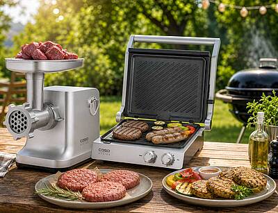 Das Dreamteam für besondere BBQs: Der Design Fleischwolf FW 2000 und der Doppel-Kontaktgrill SteakChef