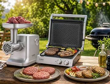 Das Dreamteam für besondere BBQs: Der Design Fleischwolf FW 2000 und der Doppel-Kontaktgrill SteakChef