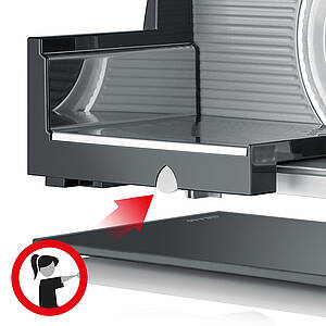 Die gesamte Bedieneinheit kann mittels Verriegelungshebel auf der Unterseite blockiert werden. Zusätzlich macht die Schlittenverriegelung den ESSENCE kindersicher