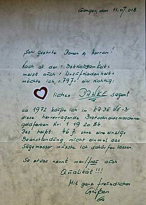 Eine zufriedene Kundin bedankte sich mit einem Brief bei Graef für die Qualität ihrer Brotschneidemaschine