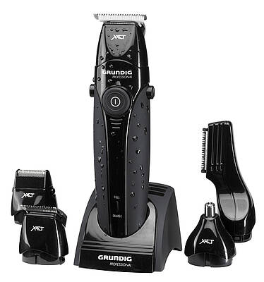 Fünf neue Grundig Bart- und Haarschneider erleichtern Männern die tägliche Beautypflege - komfortabel und flexibel. Im Bild das Profi Multihaarschneideset MT 8240 WET&DRY