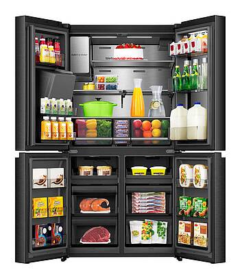 Hisense PureView Kühlschrank mit transparenter, auf Bewegung reagierender Tür, ein Touch-Display für die Küchenorganisation, sowie ein Wasser- und Eiswürfelspender mit UV-Sterilisation...