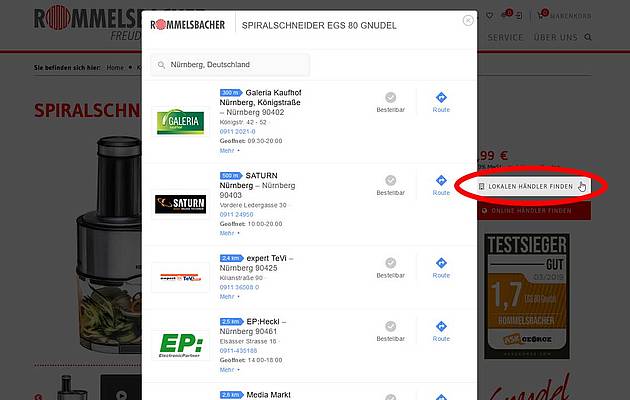 Rommelsbacher bietet die Beratungsleistung online und informiert über Kontaktmöglichkeiten zum Fachhandel in der Nähe