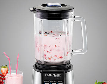 Der Standmixer MX 850 von Rommelsbacher mit Ice Crash Funktion bereitet im Handumdrehen Drinks, Saucen und Suppen zu