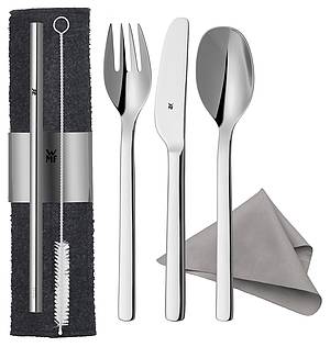 Zum Set gehören Messer, Löffel, Gabel, Trinkhalm, Reinigungstuch und Etui