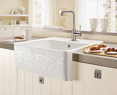 Villeroy & Boch bietet den klassischen Spülstein aus hochwertigem Keramilk mit pflegeleichter Ceramicplus-Oberfläche und feinem floralen Dekor